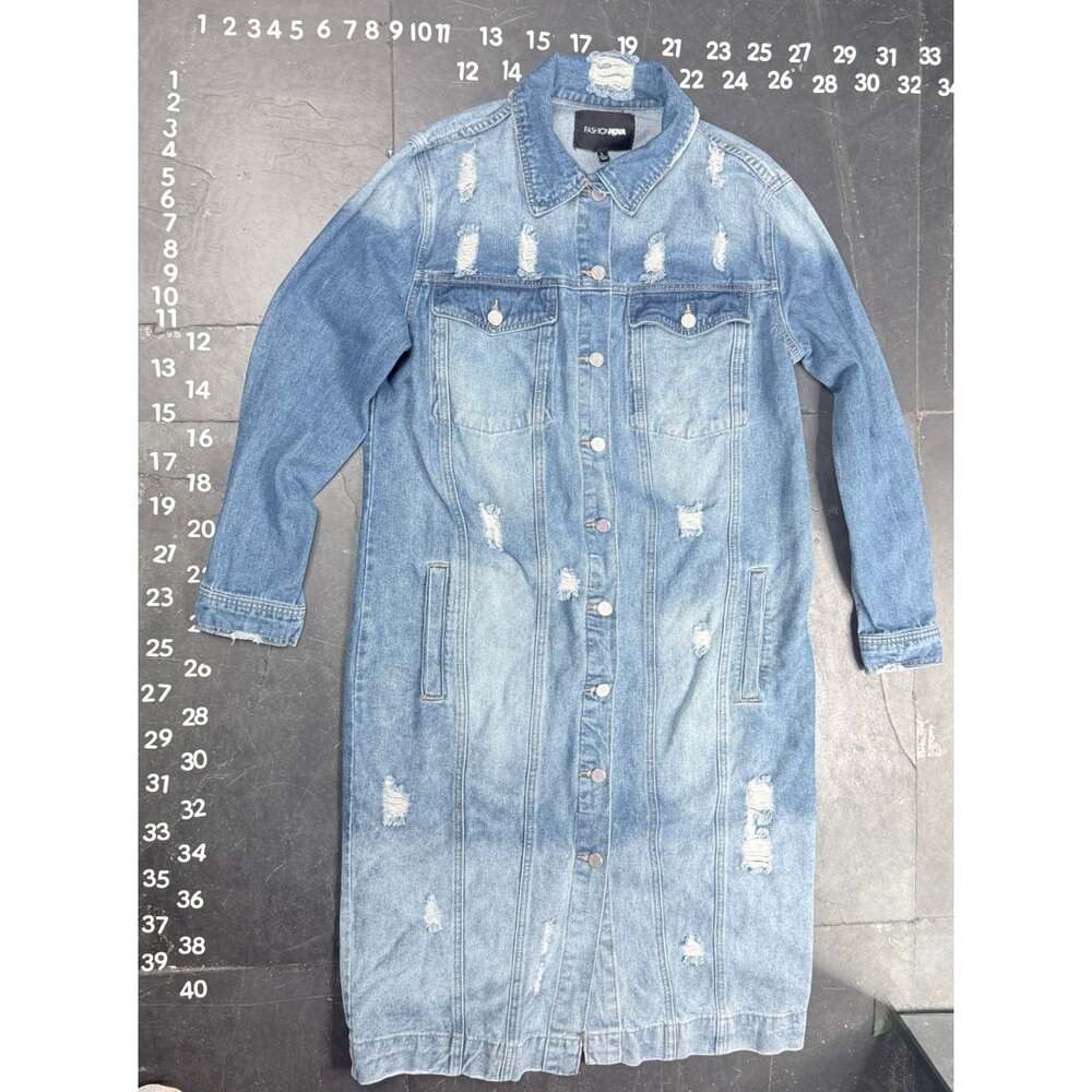 Fashion Nova Long Distressed Denim Jacket Size L - Picture 4 of 4
